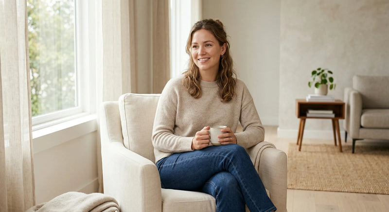 Smiling woman sitting in a cozy living room with a cup in hand, representing everyday wellness, comfort, and home lifestyle